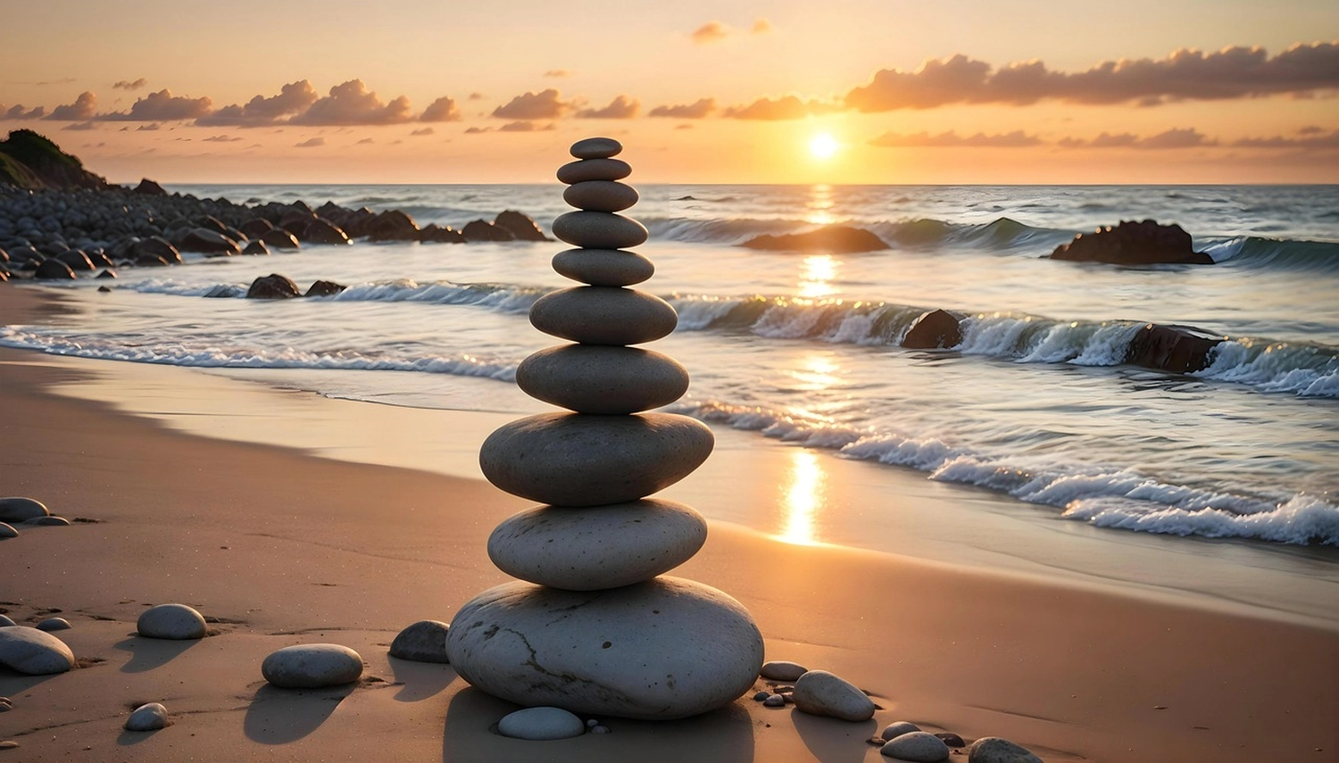 Khapova - Psychologische Beratung - Ein Stapel ausbalancierter grauer Steine auf einem Sandstrand bei Sonnenuntergang, im Hintergrund die Wellen des Ozeans.