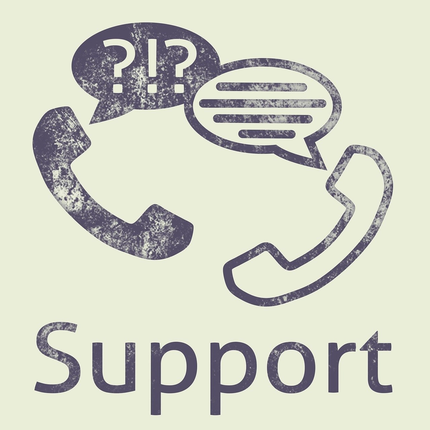Khapova - Psychologische Beratung - Symbol für den Kundensupport mit Telefonhörern und Sprechblasen, die Fragezeichen und Linien zur Darstellung der Kommunikation enthalten.